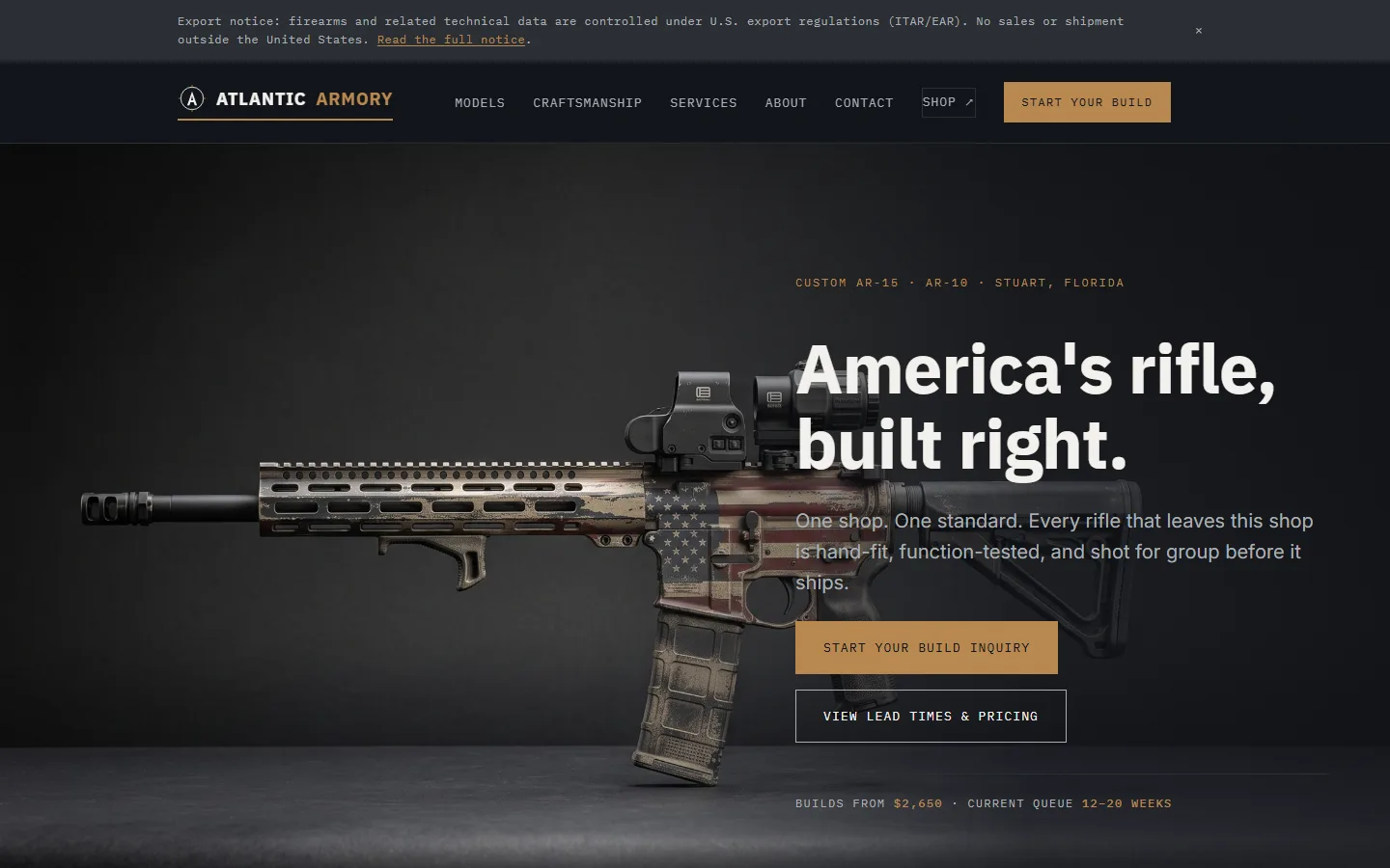 Atlantic Armory website — custom AR builder site with compliance-first structure and dark precision design