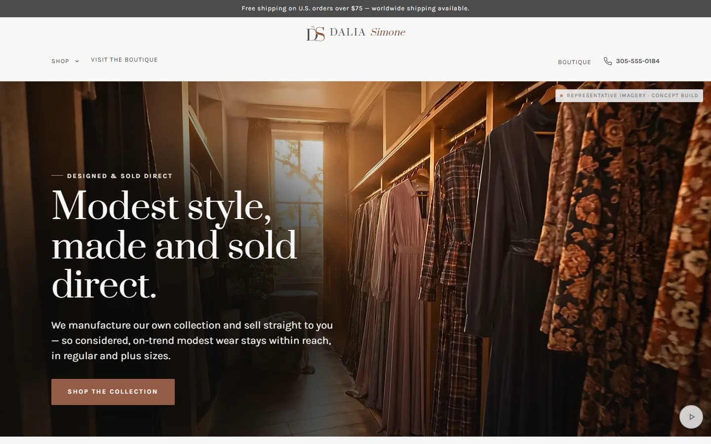 Dalia Simone website — modest fashion e-commerce concept with a cinematic golden-hour closet walkthrough hero