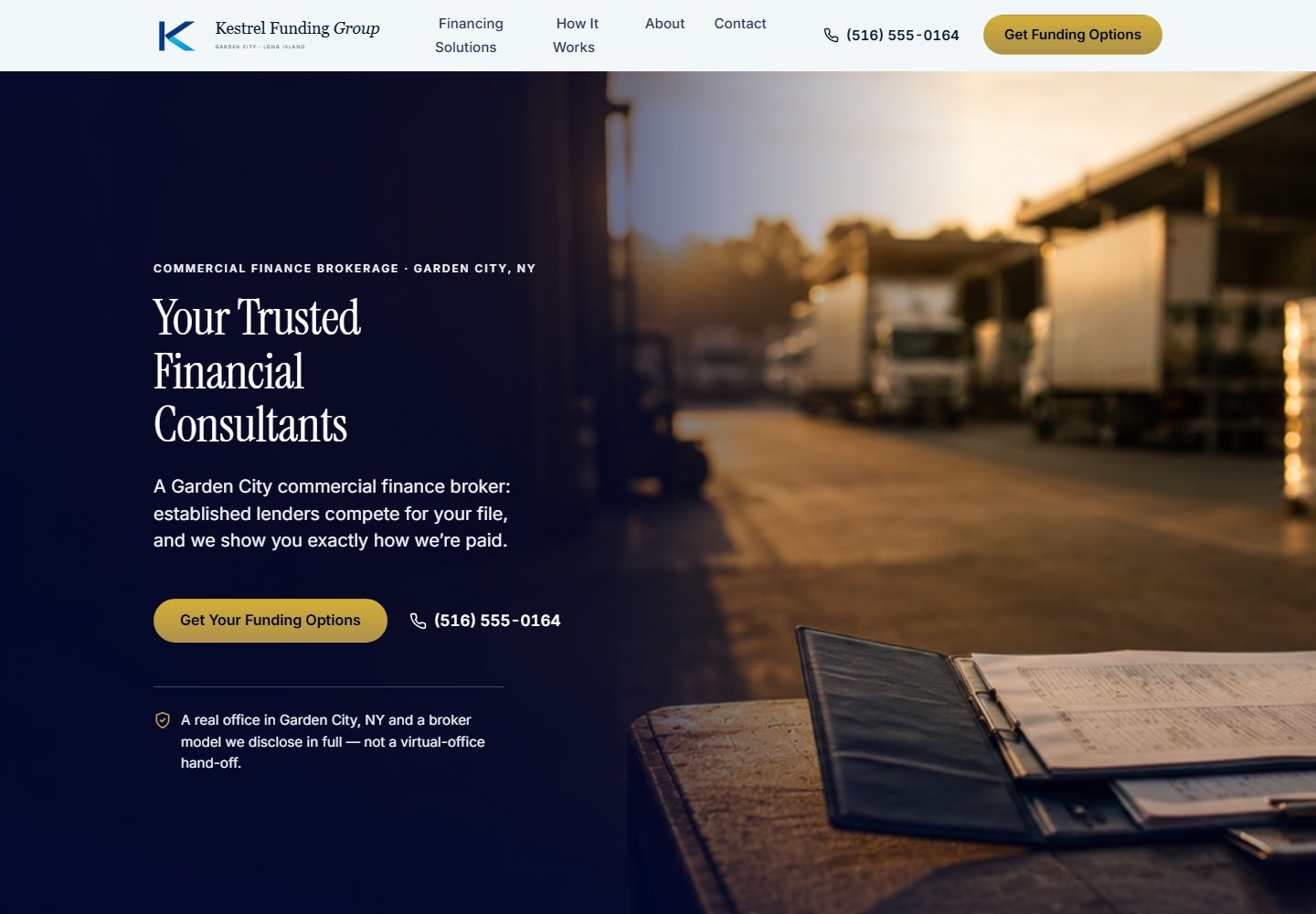 Kestrel Funding Group website — commercial finance brokerage with full-bleed golden-hour operations hero and transparency-first structure